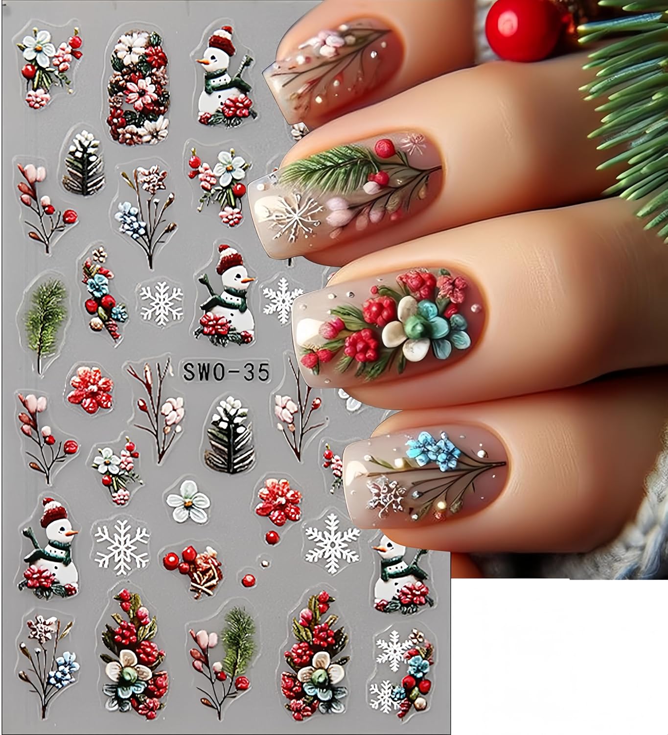 2 Sheets 5D Christmas Embossed Nail Art Stickers Snowflakes Nail Decals Cute Snow Trees Bells Winter Design Self-Adhesive Pegatinas Uñas Xmas Nail Stickers Santa Claus Nail Decals for Women Manicure