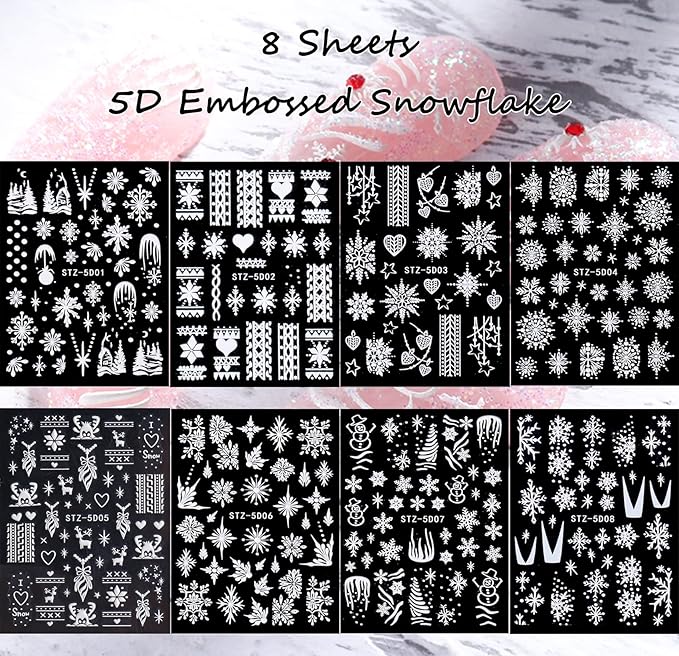 Snowflake Nail Art Sticker Decals Christmas 5D Embossed French White Snowflake Nail Art Accessories Self-adhesive Nail Art Supplies Decoration Snowflakes Lattice Elk Classic Autumn Winter Acrylic Nails Design, 8 Sheets (Snowflakes)