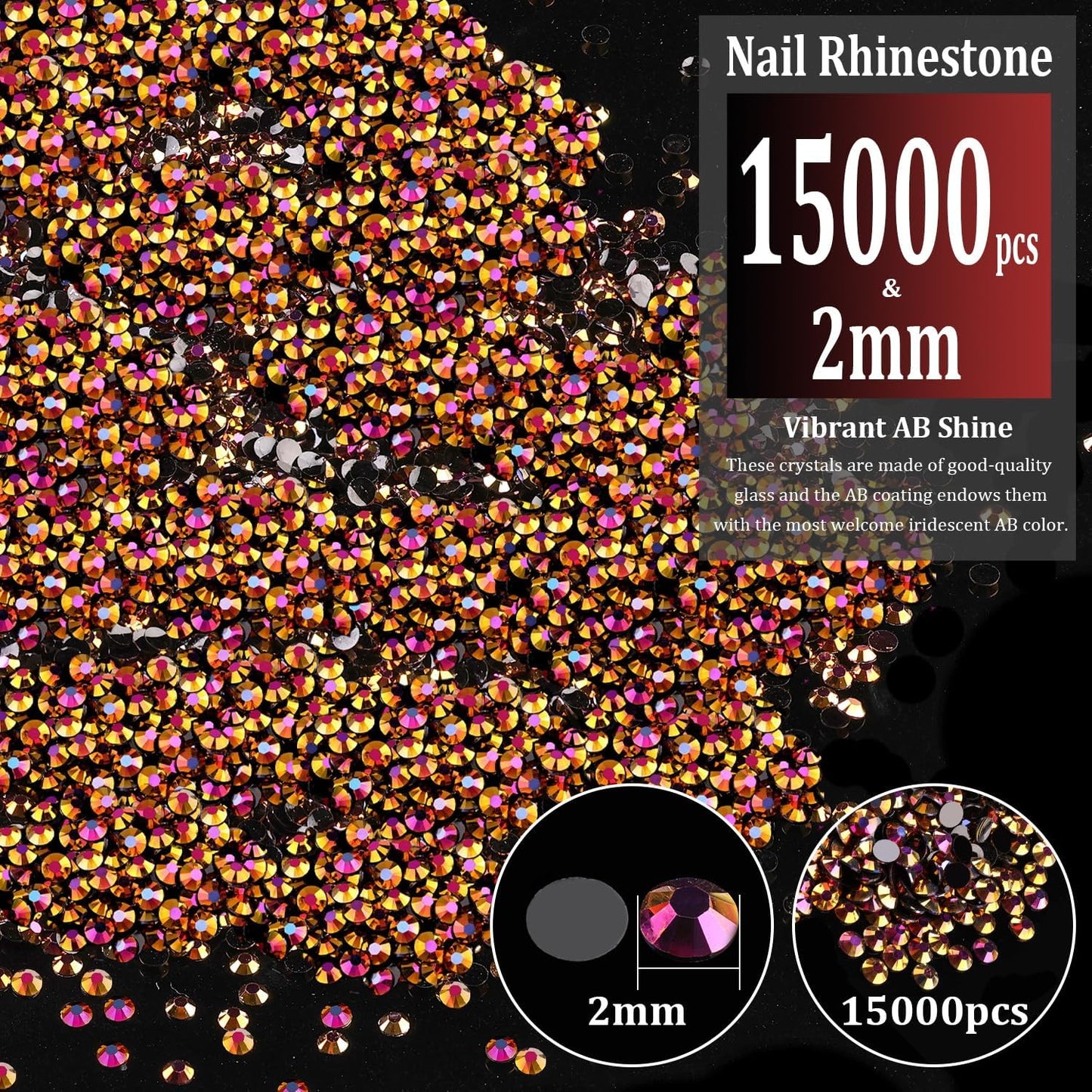 15000pcs 2mm Resin Rhinestones Bulk, Gold Rose AB Flatback Round Jelly Rhinestones Non Hotfix Crystal Gems Large Quantity Wholesale for DIY Crafts Clothes Bottles Face Makeup Manicure