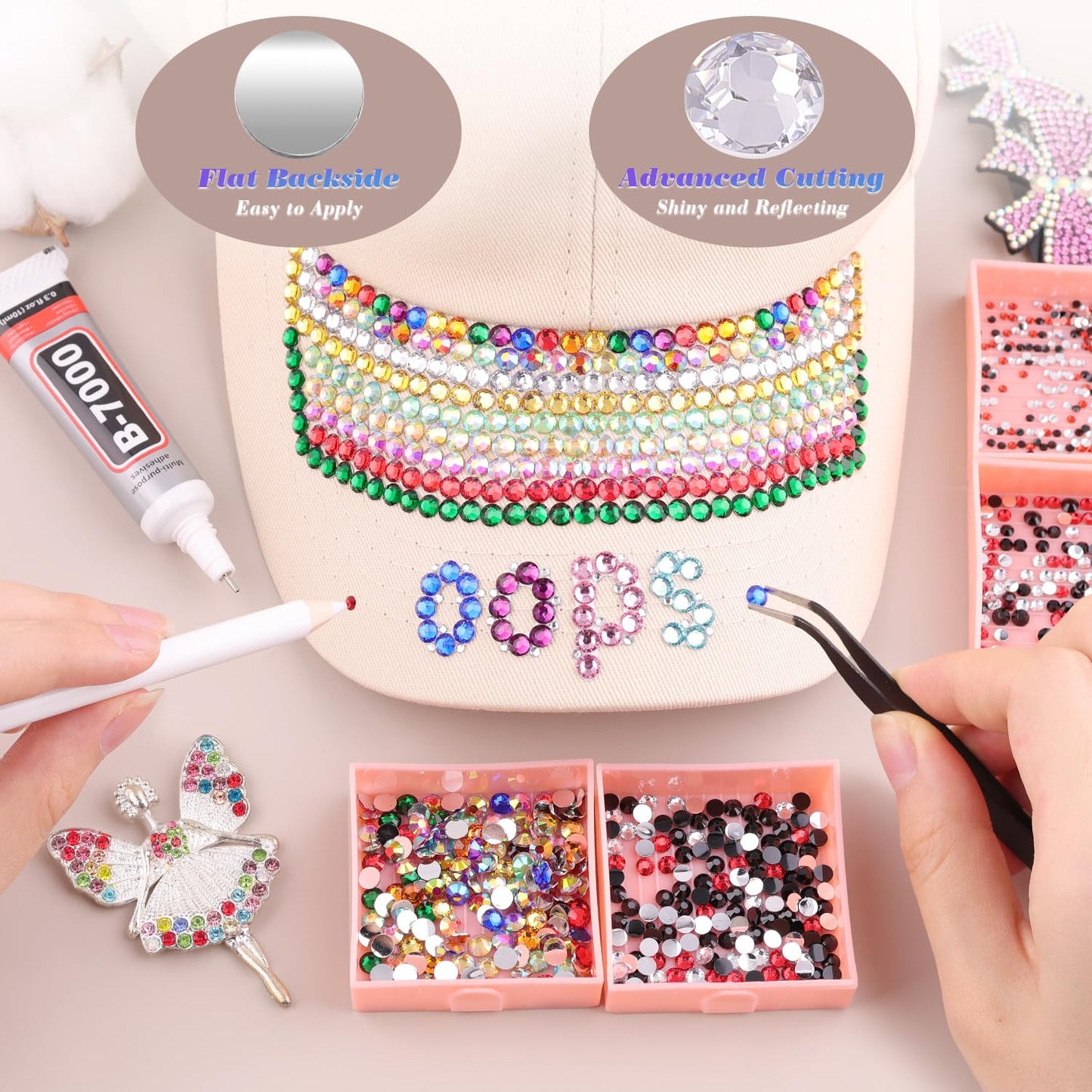 8500 PCS Flatback Rhinestones for Bedazzling with 3PCS B7000 Jewelry Glue (Pack 1), 2 Boxes of Rainbow Resin Gems for Crafting Fabric Clothing Tumblers Shoes Nail Art Makeup