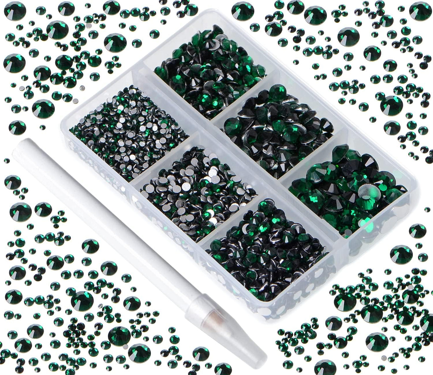 Bymitel 5000 Pieces 6 Mixed Sizes Glue Fix on Glass Rhinestones Round Crystal Gems Flatback for DIY Jewelry Making with one Picking Pen(6-Sizes 5000PCS, Emerald)