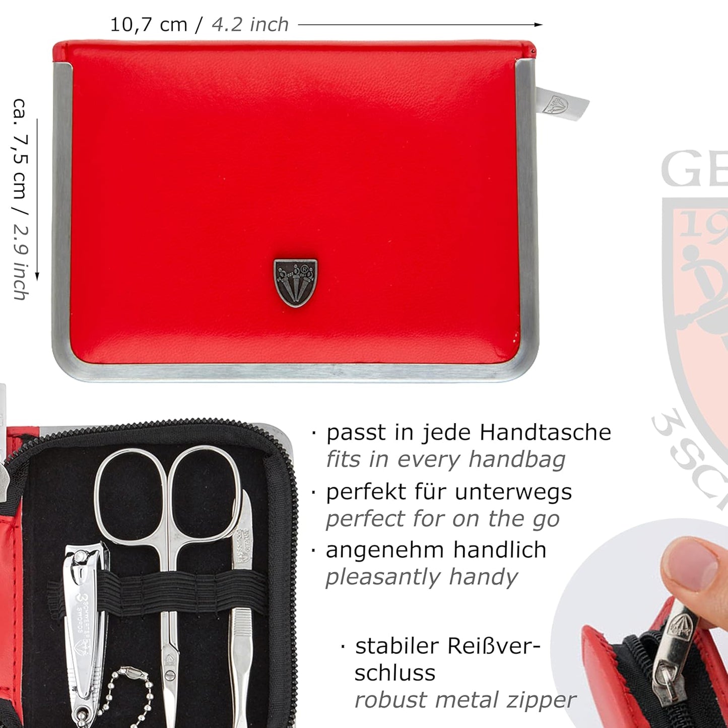 3 Swords Germany - brand quality 6 piece manicure pedicure kit set for professional finger & toe nail care with synthetic leather case - Made in Germany - red