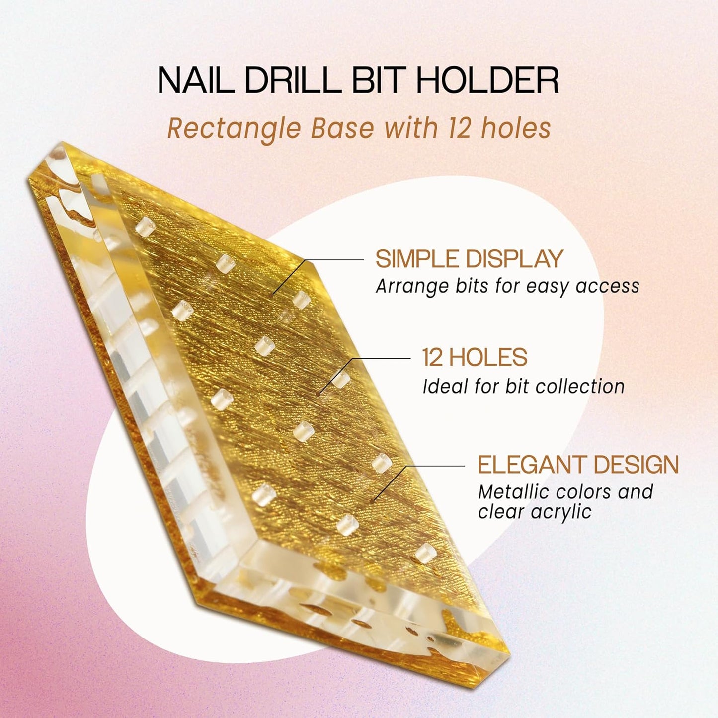 PANA Rectangle Transparent Acrylic Nail Drill Bit Holder Display Organizer Stand - Carbide Bit Storage Mount For Manicure Tools Nail Salon - 12 Holes Gold (Drill Bits Not Included)