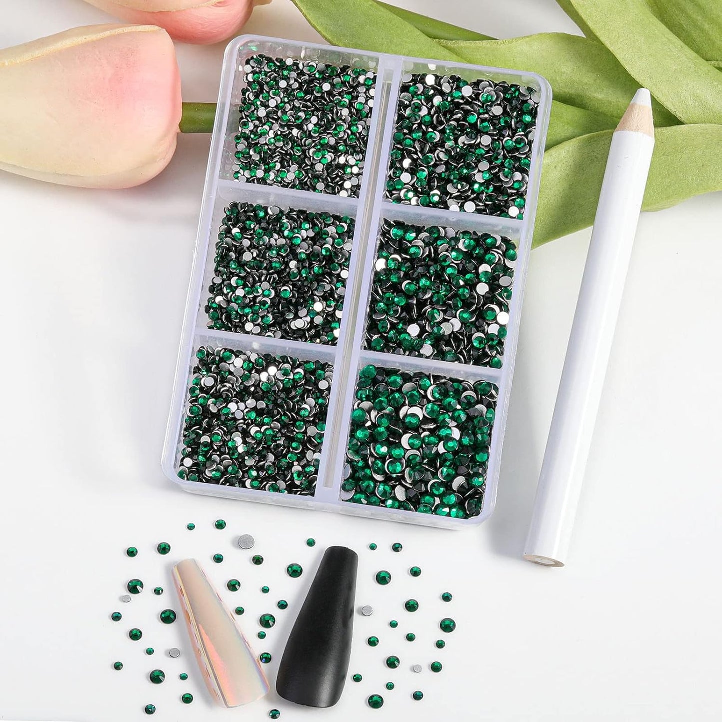 Beadsland 7200pcs Flatback Rhinestones,Green Rhinestone Nail Gems Round Crystal Rhinestones for Crafts,Mixed 6 Sizes with Wax Pencil Kit, SS3-SS10,Emerald