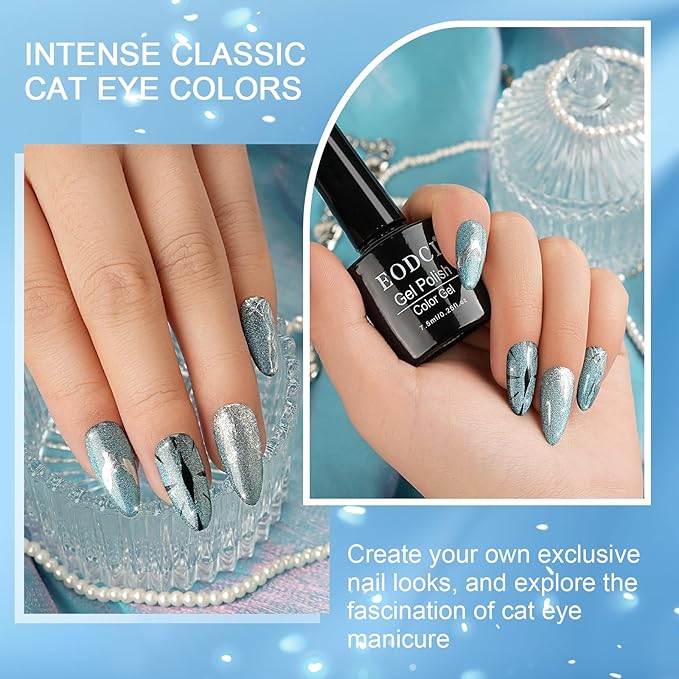 Blue Tears Cat Eye Gel Nail Polish, 7.5ml*6 with Magnets Stick, Galaxy Chameleon Effect Silky Cat Eye Nail Gel Soak Off Nail Art Salon Manicure Home Ladies Gift