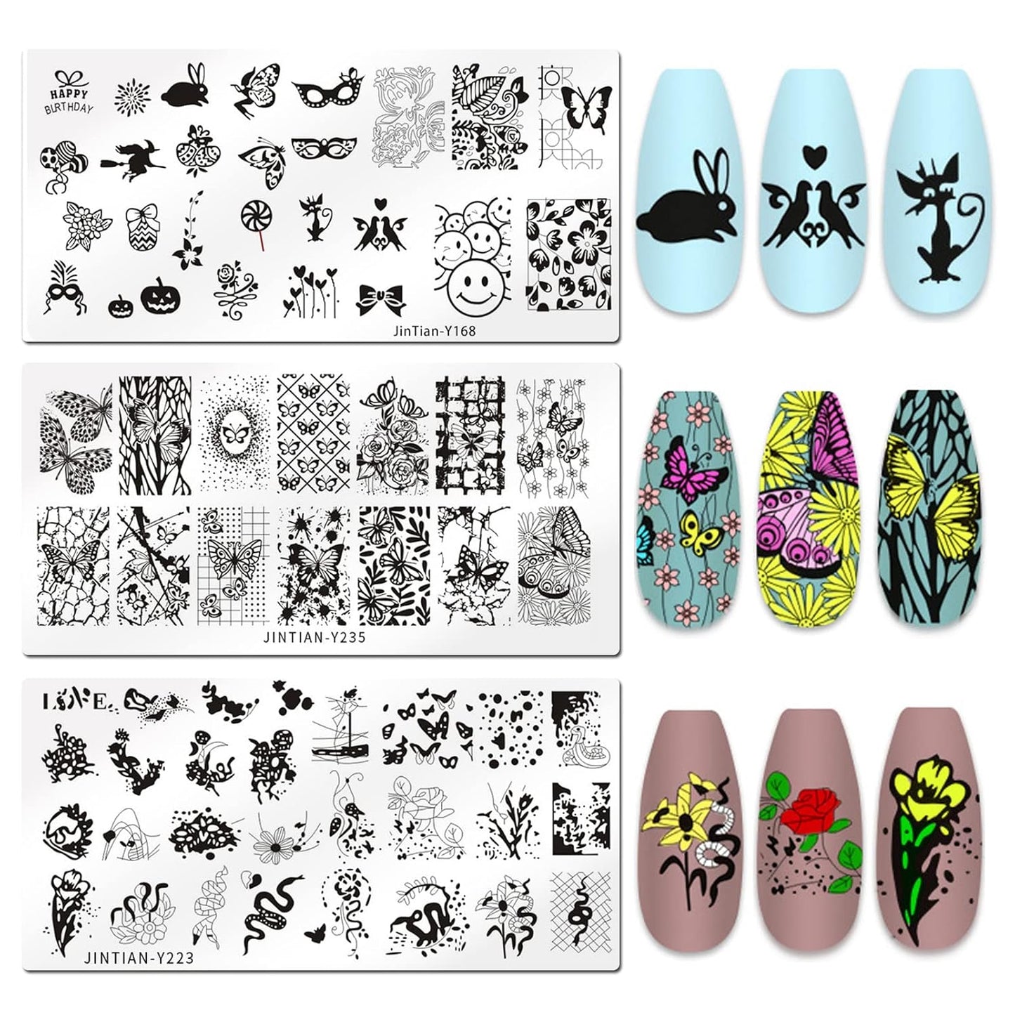 LoveOurHome Nail Stamping Plate Kit Flower Butterfly Lace Animal Fingernails Template Stencil Stamps Plate Silicone Stamper Scraper Manicure Design Tools Set (Butterfly)