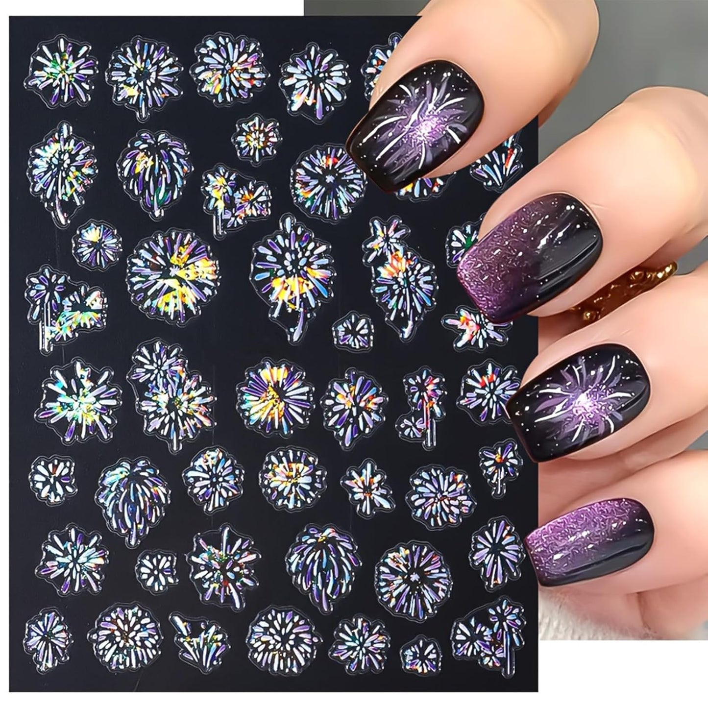 Glitter Firework Nail Art Stickers - Celebrating The New Year, 4th of July Shining Starry Sky Self-Adhesive Nail Decals for DIY Patriotic Independence Day Memorial Day Manicure (3 Sheets)