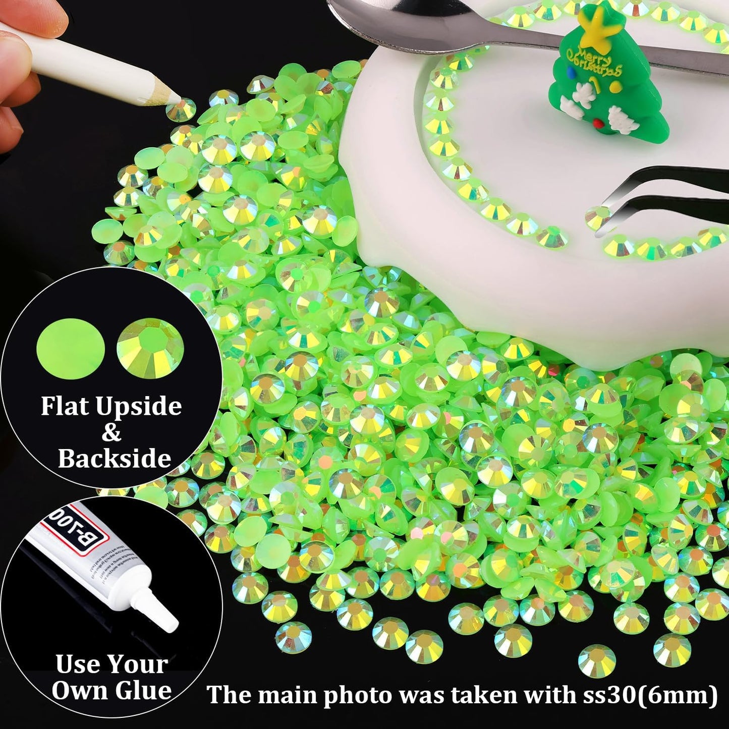 8000pcs 3mm Resin Rhinestones Bulk, Fluorescent Green AB Flatback Round Jelly Rhinestones Non Hotfix Crystal Gems Large Quantity Wholesale for DIY Crafts Clothes Face Makeup Manicure