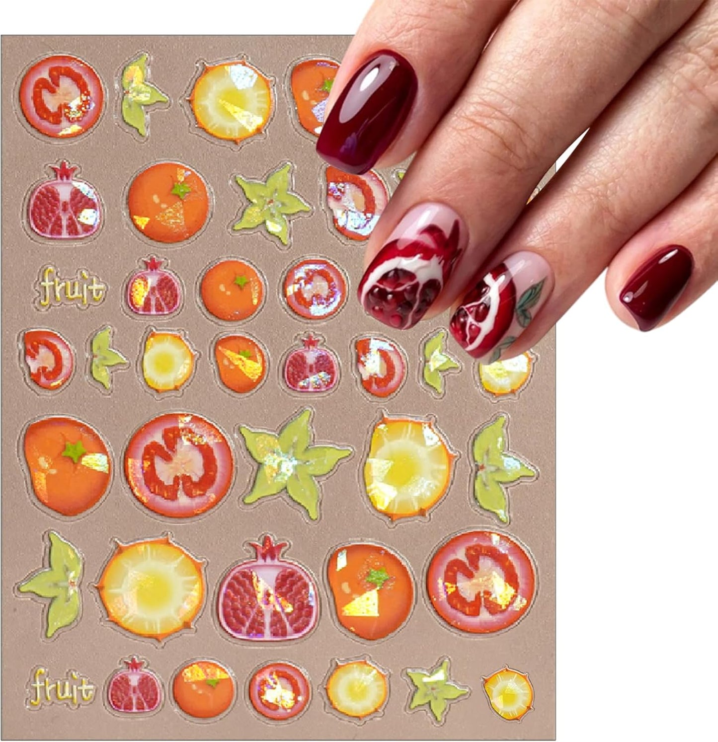 3 Sheets Summer Fruit Nail Art Stickers 5D Self-Adhesive Shell Light Embossed Lemon Orange Strawberry Nail Decals Cute Carambola Avocado Cherry Nail Supplies Women DIY Nail Art Decoration