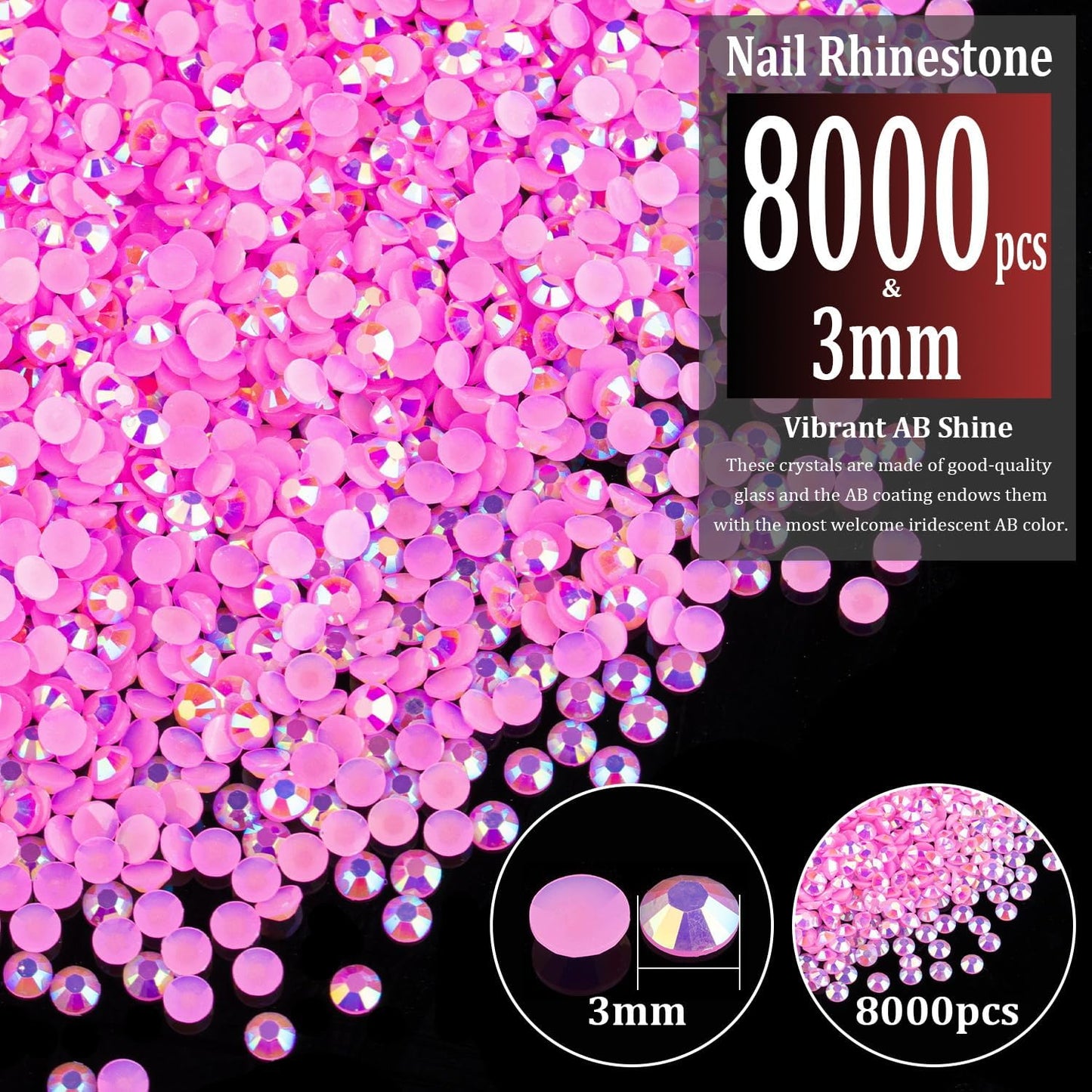 8000pcs 3mm Resin Rhinestones Bulk, Pink AB Flatback Round Jelly Rhinestones Bedazzling Non Hotfix Crystal Gems Large Quantity Wholesale for DIY Crafts Clothes Bottles Tumblers Face Makeup Manicure