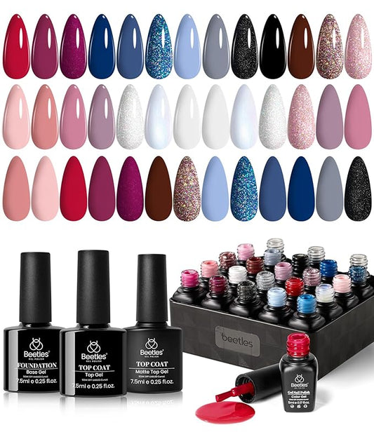 Beetles 4th of July Gel Nail Polish Set 20 Colors Red Blue White Nails with No Wipe Base and Glossy & Matte Top Coat for Soak-off UV Light Gel Nail Art Manicure Set DIY at Home Gifts for Women Girls