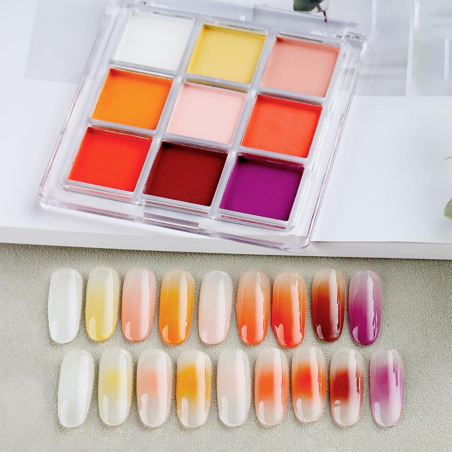 Pigment Powder for Nails 9 Colors Nail Pigment Palette Gradient Ombre Nail Powder Nail Art Design Fine Solid Neon Powder for DIY Manicure Beginners -Includes 5 Sponge Sticks 1 Brush #09