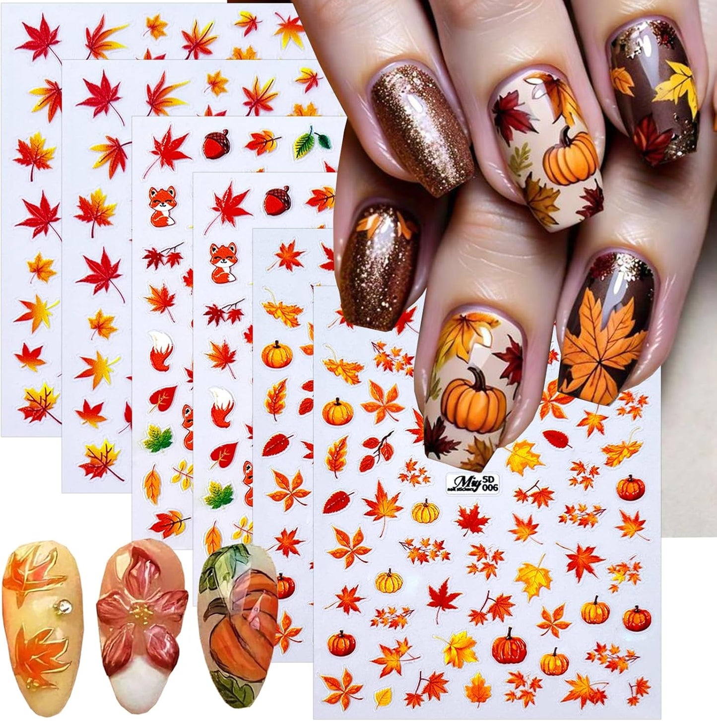 6 Sheets Fall Nail Stickers 5D Embossed Autumn Maple Leaf Nail Art Decals Thanksgiving Pumpkins, Fox, Squirrel, Ginkgo Leaf Design Self-Adhesive Fall Stickers for Nails DIY Manicure Supplies