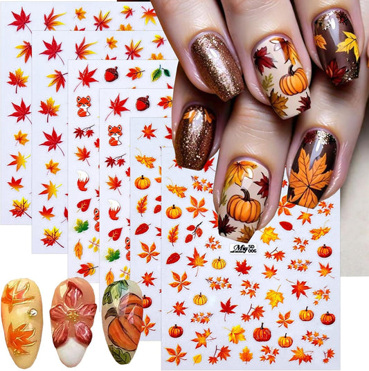 6 Sheets Fall Nail Stickers 5D Embossed Autumn Maple Leaf Nail Art Decals Thanksgiving Pumpkins, Fox, Squirrel, Ginkgo Leaf Design Self-Adhesive Fall Stickers for Nails DIY Manicure Supplies