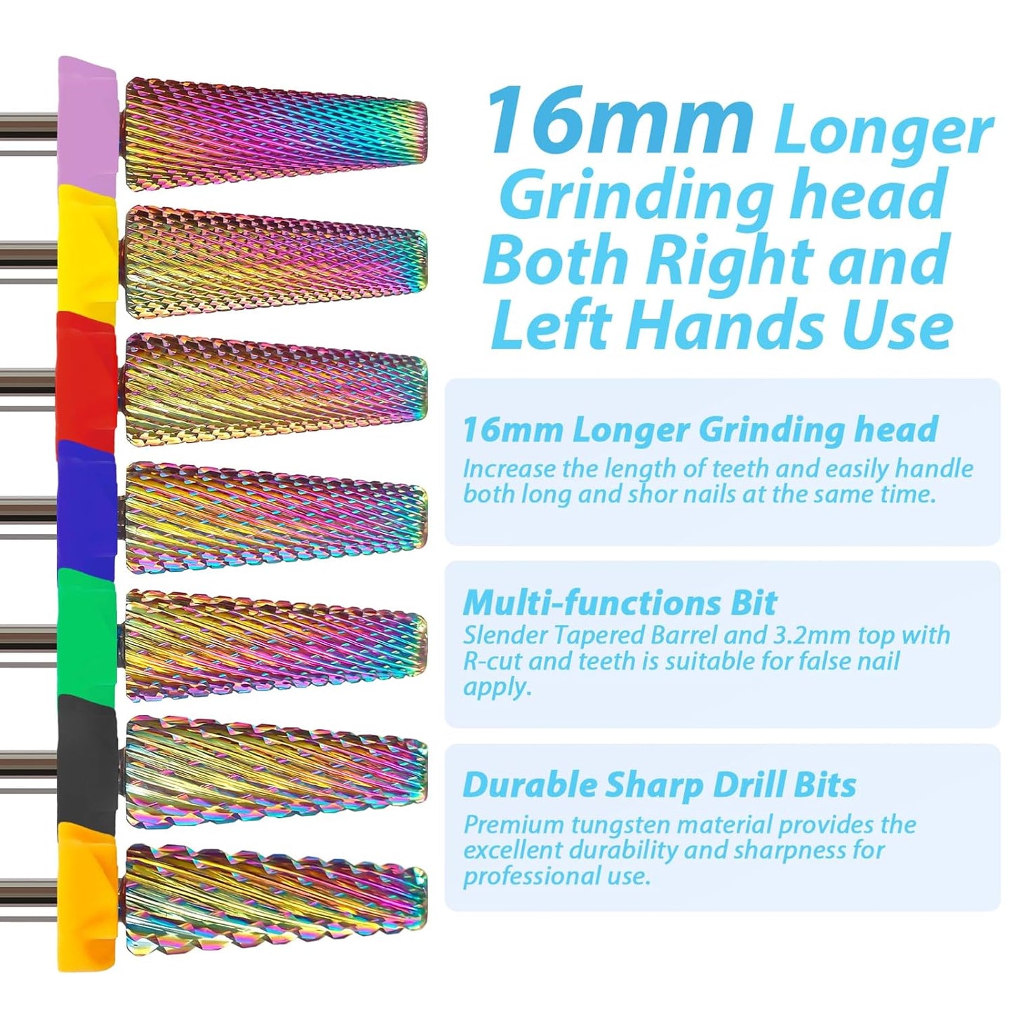 2xf 5 in 1 Nail Drill Bits, 16mm Tapered 3/32'' Professional Tungsten Carbide Bits for Efile, 2 Rotation for Electric Drill, Remove Thin Gel, Manicure Cuticle Gel Polishing, Techs Bits, Double Fine