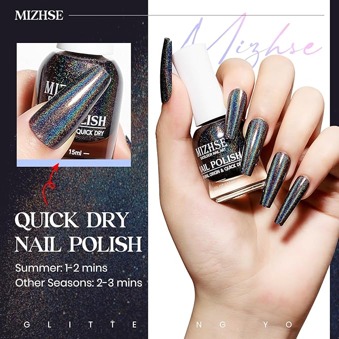 MIZHSE Holographic Nail Polish, Black Glitter Nail Polish Air Dry Fast, 15 ml 0.5 fl oz High Glossy Shiny Nail Pigment Oil-based Laser Iridescent Chrome Halo Nail Art Salon Manicure Home