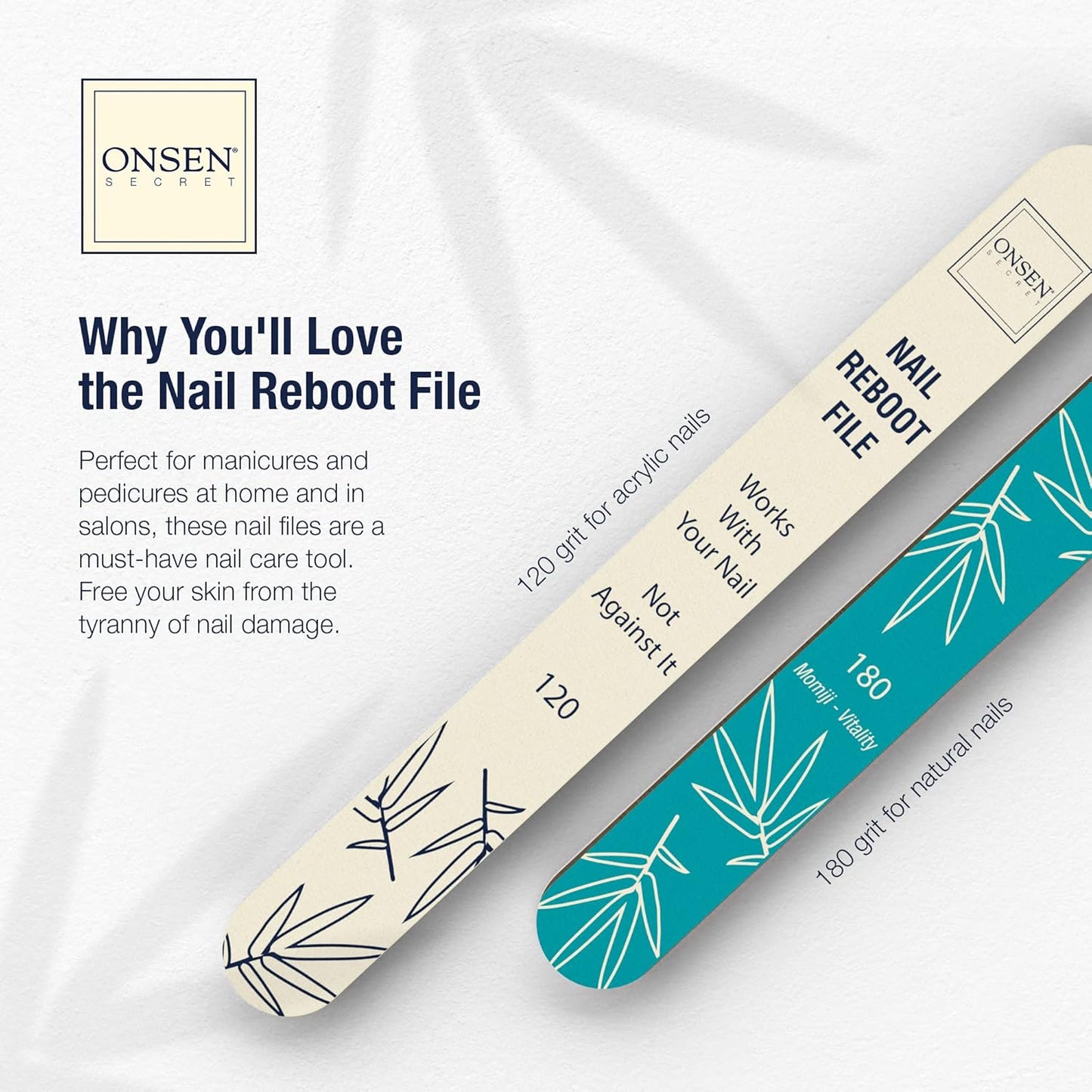 Onsen Secret Japanese Nail File - Professional 10-Pack Nail Files, Double Sided Natural & Acrylic Filers - 120/180 Grit - Disposable, Salon Smooth | Best Onsen File for Shiny Nails
