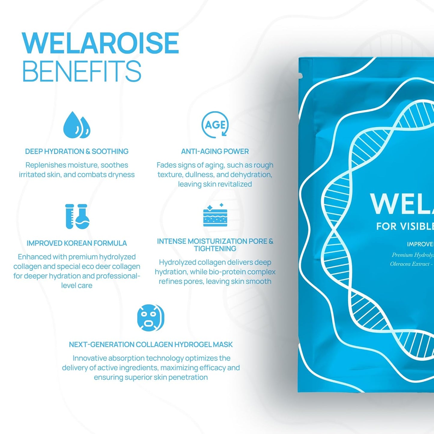 Welaroise Bio Protein Collagen Hydrogel Deep Face Mask - 35% More Collagen, Intense Hydration & Moisturization, Firming, Anti-Aging, Skin Renewal, Korean Skincare (Pack of 16)