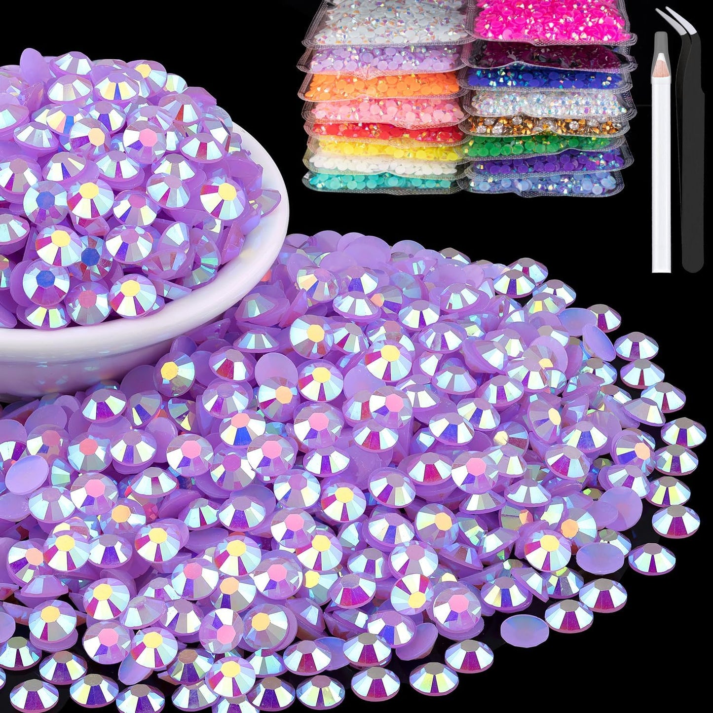 8000pcs 3mm Resin Rhinestones Bulk, Lavender Purple AB Flatback Round Jelly Rhinestones Bedazzling Non Hotfix Crystal Gems Large Quantity Wholesale for DIY Crafts Clothes Tumblers Face Makeup Manicure