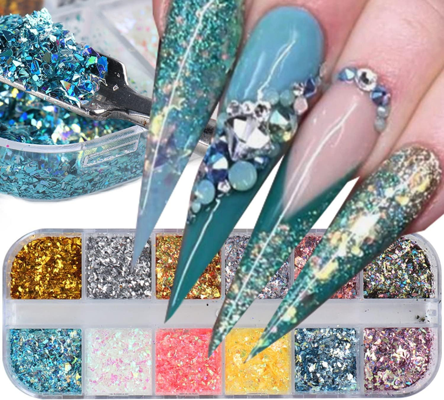 Holographic Glitter Nail Art Flakes, 12 Colors Irregular Sparkly Sequins Design, 3D Shiny Powder Acrylic Nails Supplies for Women Girls Manicure Charms Decorations, DIY Resin Tips