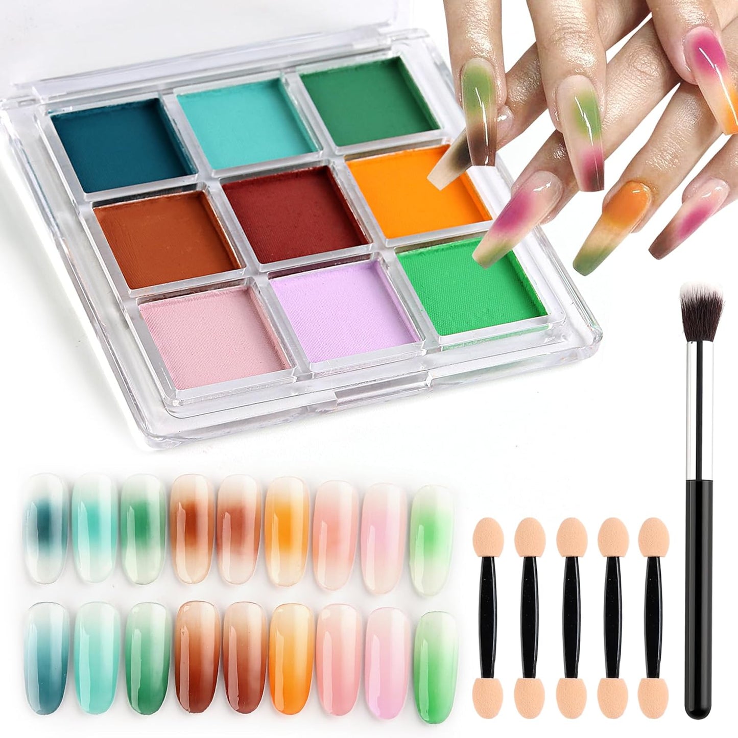 Nail Pigment Palette 9 Colors Gradient Ombre Nail Powder Set for DIY Manicure Beginners - Perfect Nail Design with Ultra Fine Powder - Includes 5 Sponge Sticks 1 Brush #07
