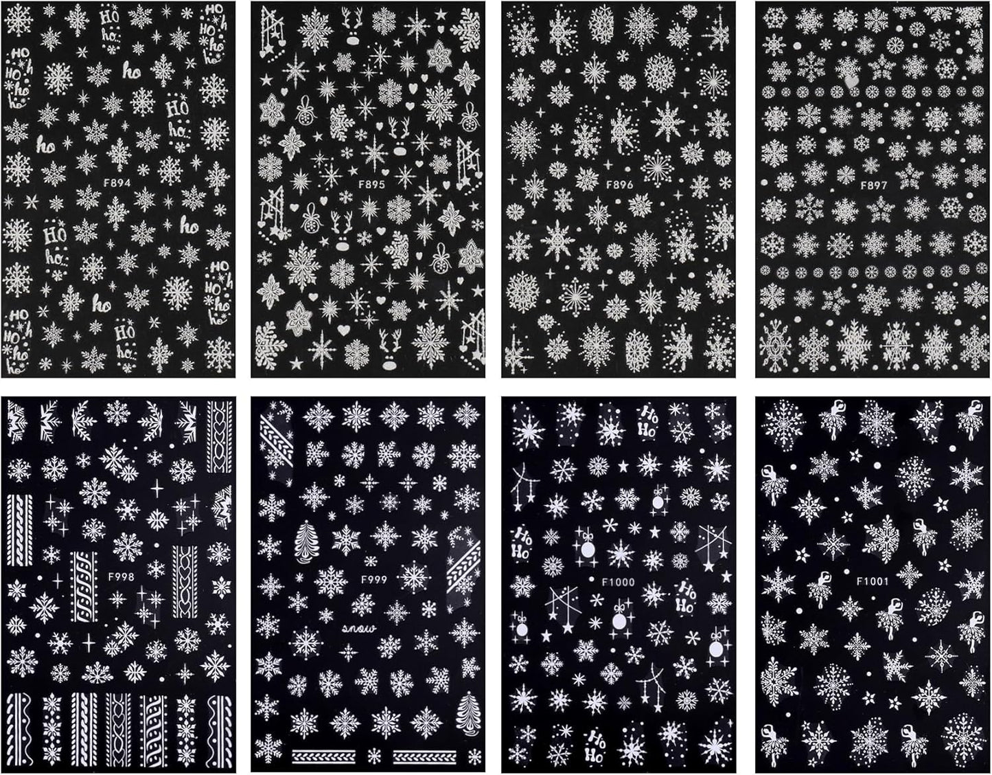 JMEOWIO 8 Sheets Christmas White Glitter Nail Art Stickers Decals Self-Adhesive Snowflake Winter Holiday Nail Supplies Nail Art Design Decoration Accessories