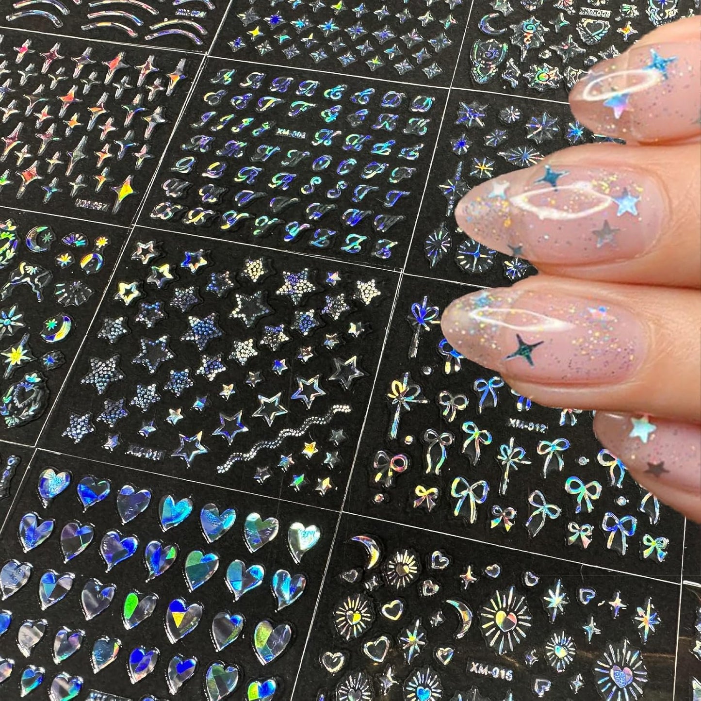 30 Sheets Star Nail Sticker Aurora Nail Art Stickers Moon Bow Heart Letter Design 3D Self-Adhesive Nail Decals for Women Girls DIY Nail Art Decoration