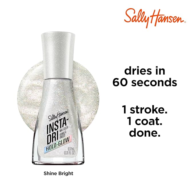Sally Hansen Insta-Dri Holo-Glow Nail Polish | Quick Dry, Long Lasting, Streak-Free Shine | Semi-Opaque, Shimmer | 101 Shine Bright | Holographic Light Grey Nail Color