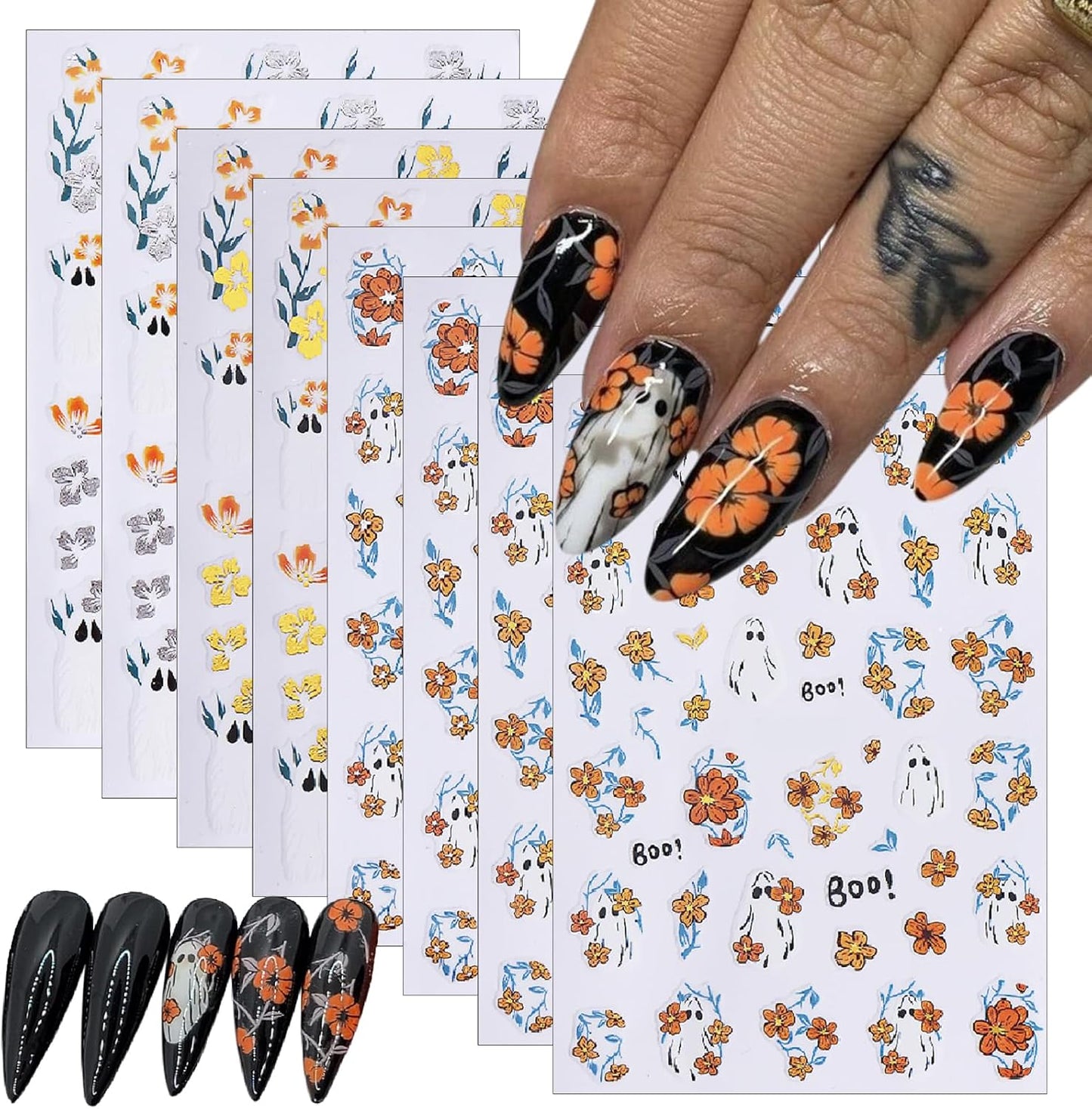 8 Sheets Halloween Nail Art Stickers Decals Halloween Cute Ghost Flower Nail Stickers Gold and Silver Hibiscus Flowers Designs Nail Decals for Women Girls DIY Manicure Decorations