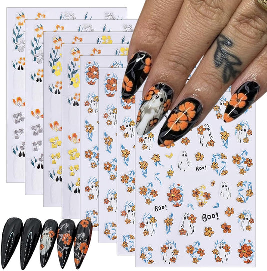 8 Sheets Halloween Nail Art Stickers Decals Halloween Cute Ghost Flower Nail Stickers Gold and Silver Hibiscus Flowers Designs Nail Decals for Women Girls DIY Manicure Decorations
