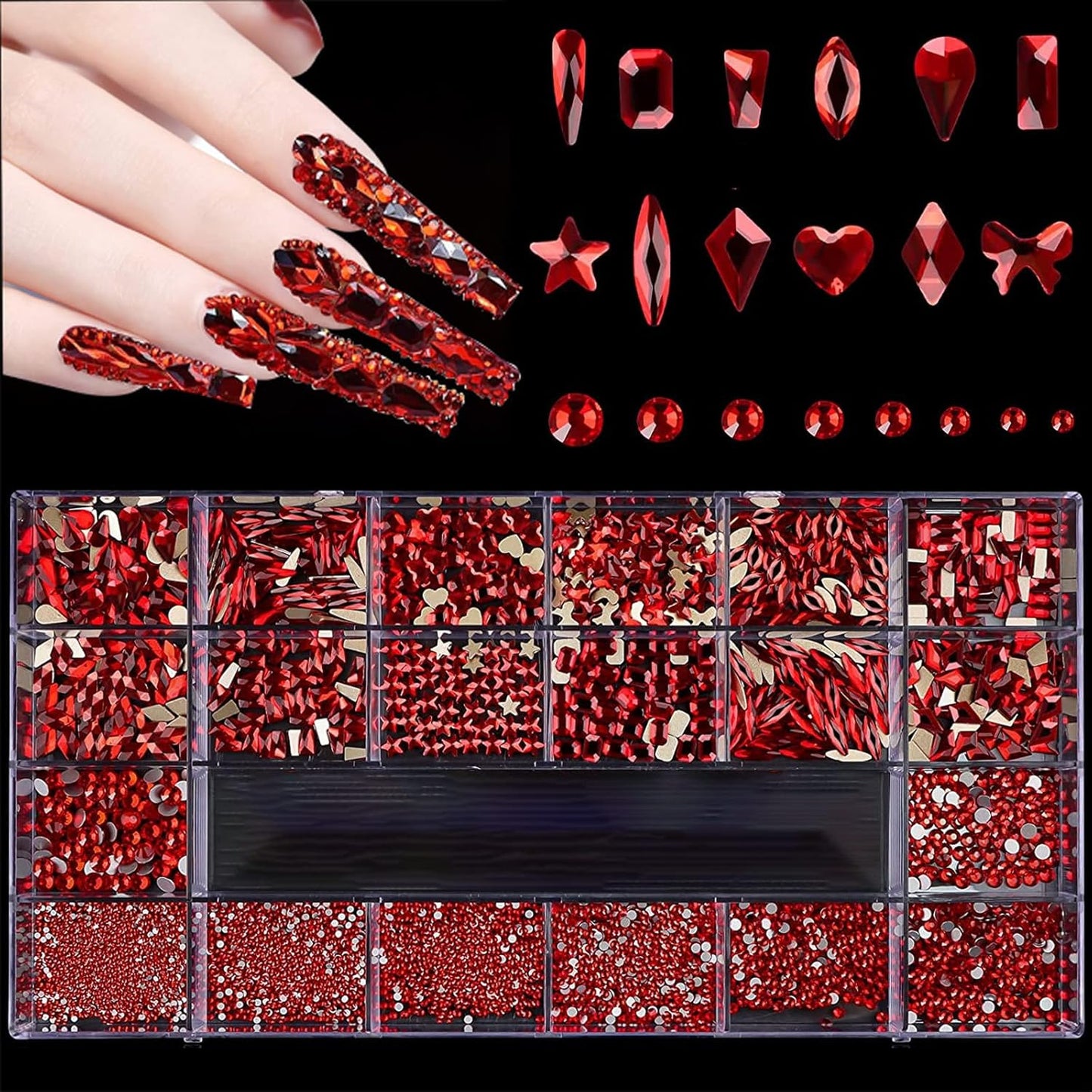 HOINCO 3100Pcs Crystal Red Nail Rhinestones, Multi-Shaped Nail Charms for DIY Nail Art