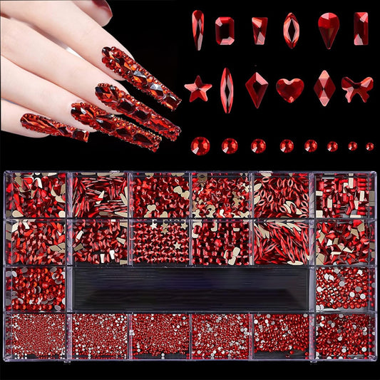 HOINCO 3100Pcs Crystal Red Nail Rhinestones, Multi-Shaped Nail Charms for DIY Nail Art