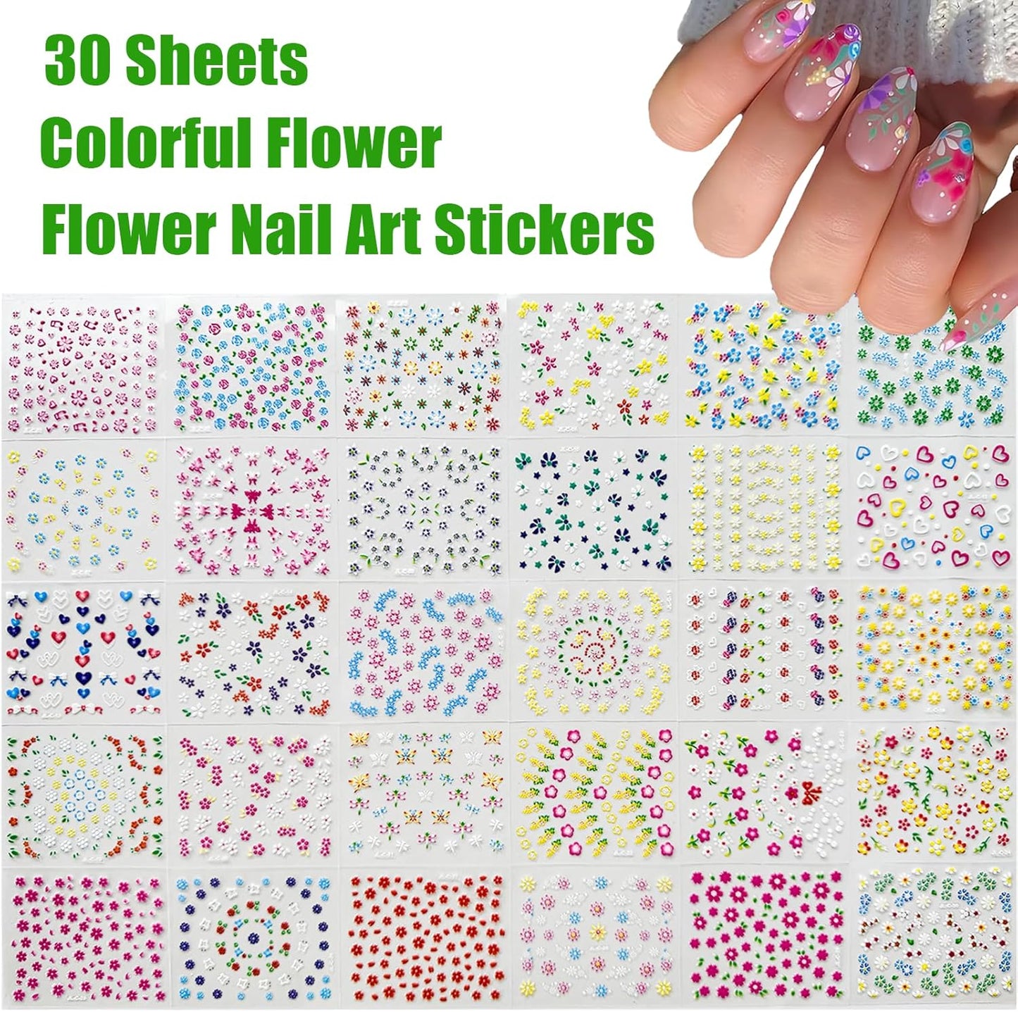 30 Sheets Flower Nail Art Stickers Decals Floral Rose Daisy Cherry Blossoms 3D Self-Adhesive Nail Sticker Spring Summer Colorful Flower Nail Art Decoration Supplies for Women Manicure DIY Accessories