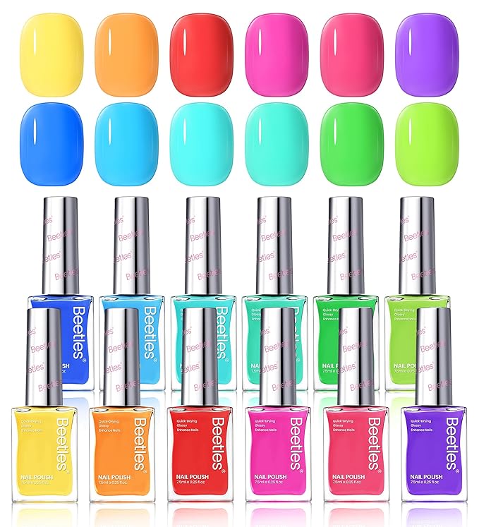Beetles Neon Nail Polish Set - Quick Dry Nail Polish Kit 12 Colors Hot Pink Green Blue Yellow Red Regular Air Dry Fingernail Polish Pack for Women Christmas Gift Beetles Cocktails 12 Colors