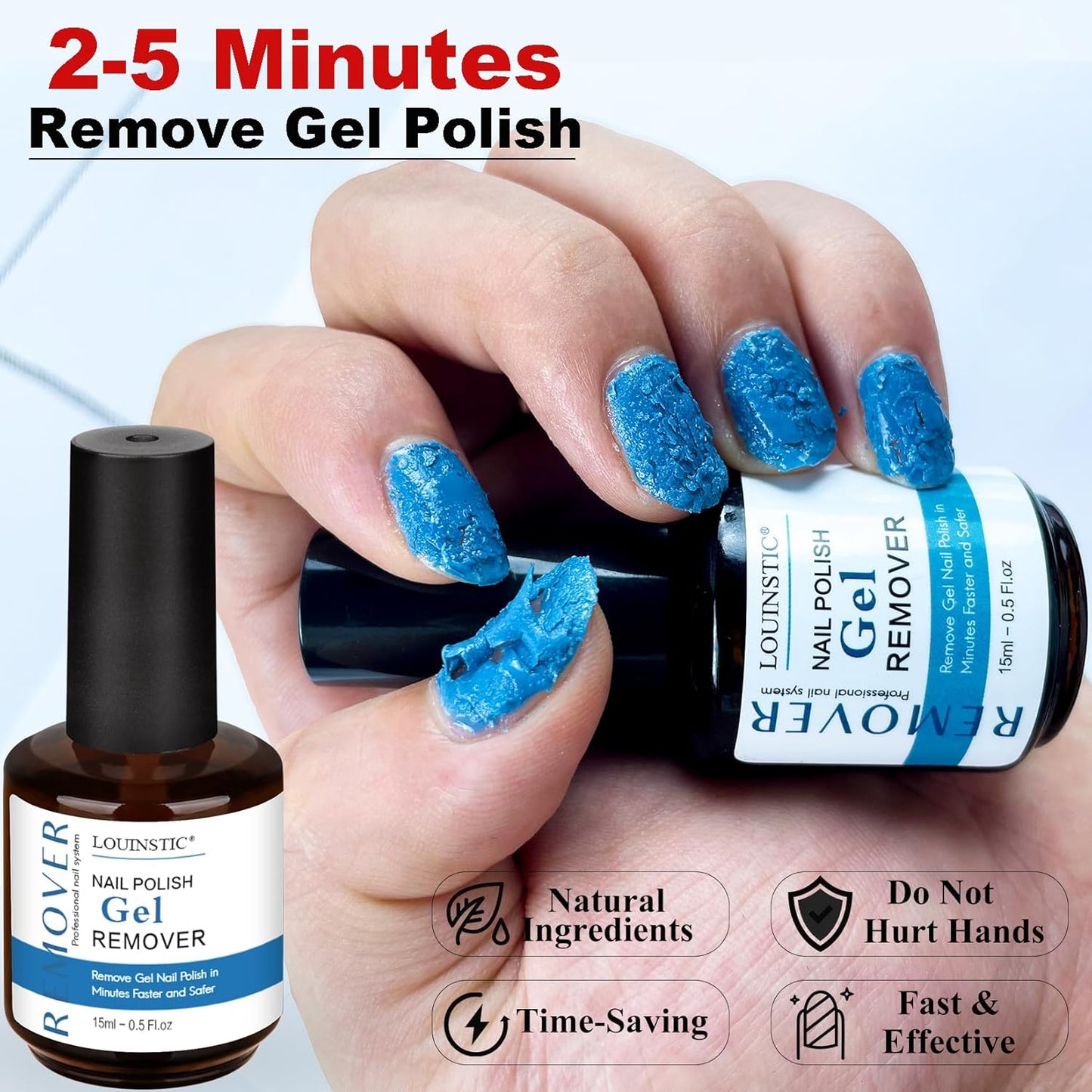 LOUINSTIC Gel Remover for Nails - 2 Bottles (15ML Each) - Easy & Fast Nail Polish Removal Does Not Damage Nails Portable for Travel - Professional Grade Kit with Sanding Strips,Manicure Tools