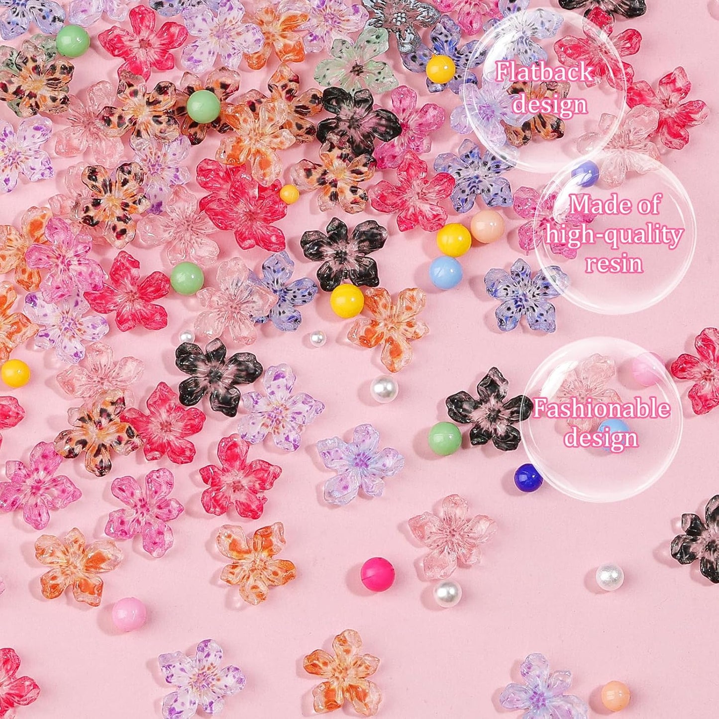 300Pcs Flower Nail Charms Kit, 100Pcs 3D Jelly Mini Hawaii Flowers Charms and 100Pcs Nail Pearls with 100Pcs Macaron Beads, Colorful Hibiscus Floral Tiny Gems Round Beads for Nails Design
