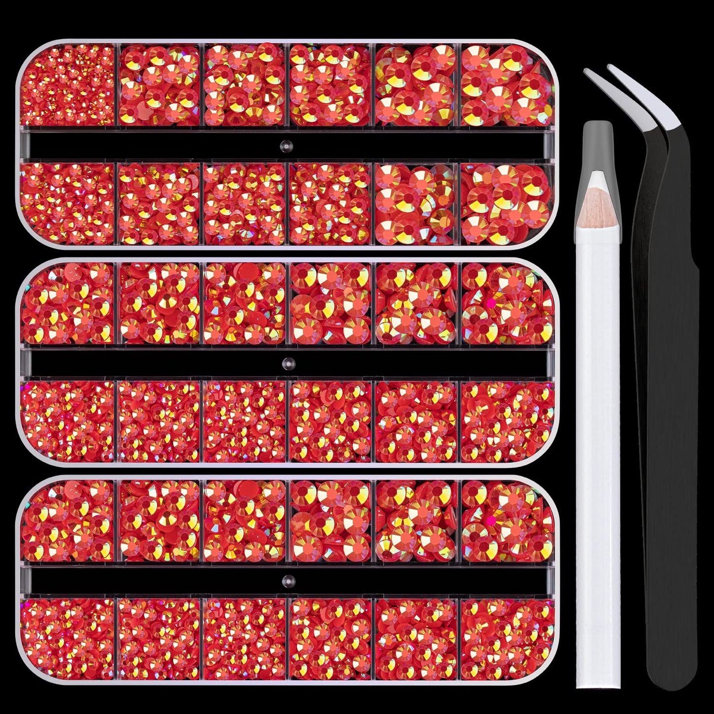5000PCS Resin Rhinestones with Tweezers for Crafting, 2/3/4/5/6mm Flatback Jelly Rhinestones, 3 Box Red AB Non Hotfix Crystal Gems for DIY Crafts Mugs Tumblers Clothes Makeup Nail