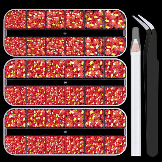 5000PCS Resin Rhinestones with Tweezers for Crafting, 2/3/4/5/6mm Flatback Jelly Rhinestones, 3 Box Red AB Non Hotfix Crystal Gems for DIY Crafts Mugs Tumblers Clothes Makeup Nail