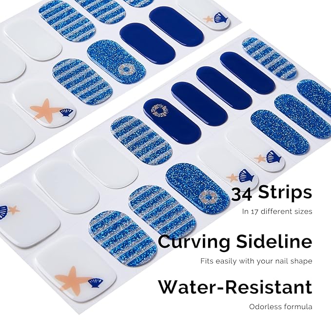 NAILOG Semi Cured Gel Nail Strips for Summer 34 pcs, Buy 2 Get 1 UV Lamp, Salon-Quality Nail Strips with Soft Gel Finish | Marine Story