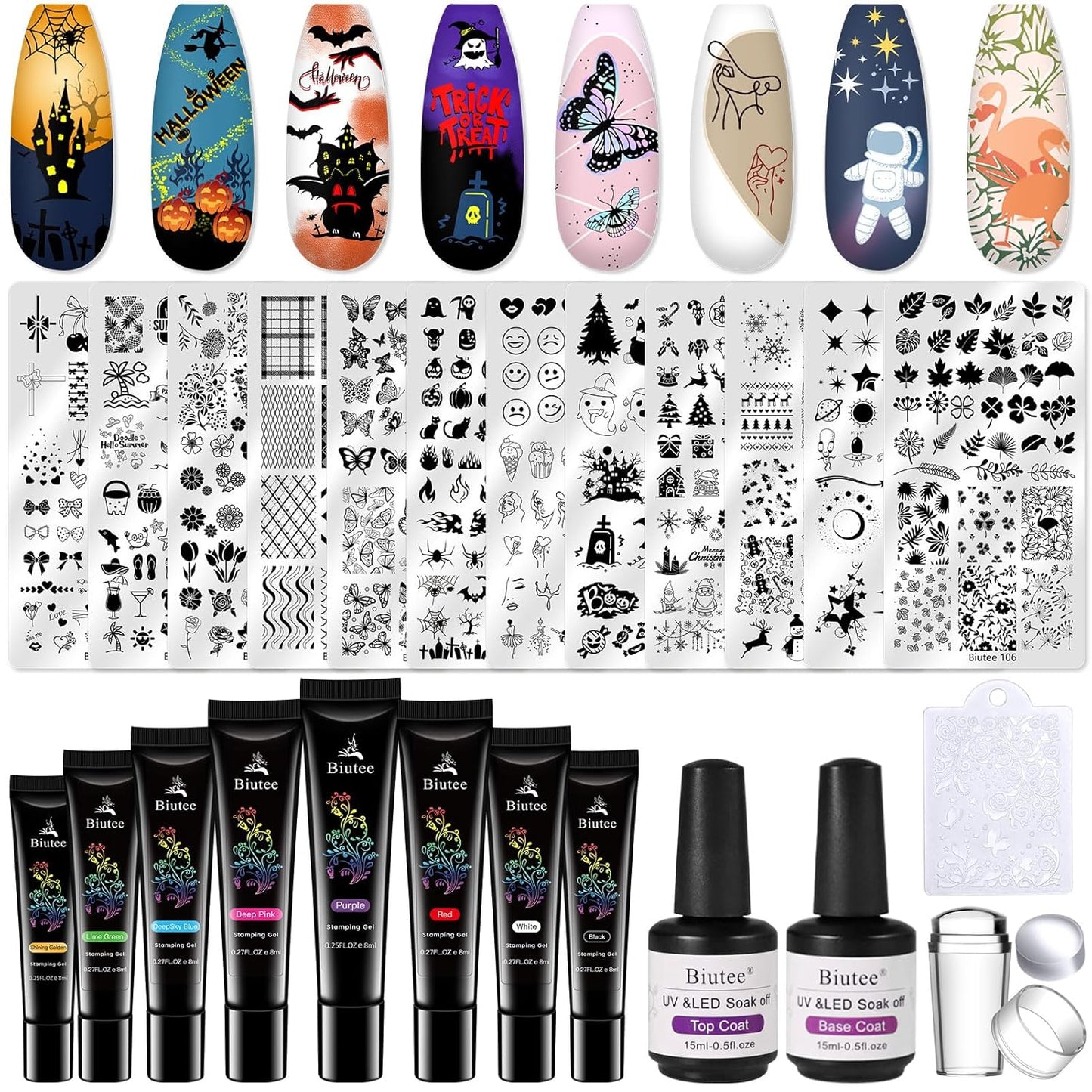 Biutee Nail Stamper Kit 12Pcs Nail Art Stamping Plate 8 Colors Stamp Polish Gel with Top Coat and Base Coat Set Silicone Stamper Scraper, Nail Stamp Plates Love Flower Butterfly Leaf Halloween Design