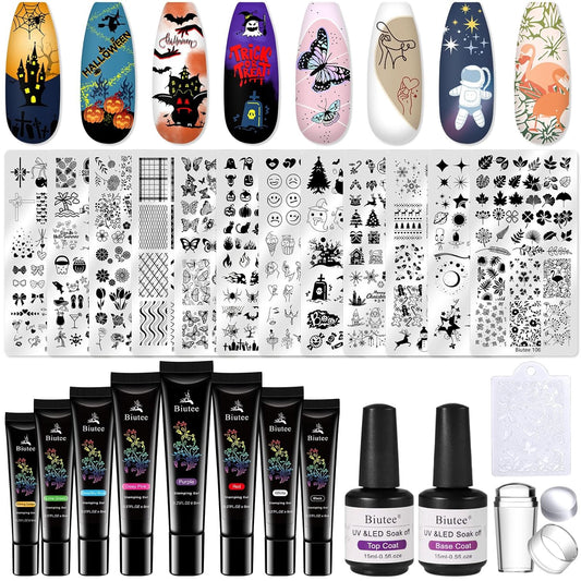 Biutee Nail Stamper Kit 12Pcs Nail Art Stamping Plate 8 Colors Stamp Polish Gel with Top Coat and Base Coat Set Silicone Stamper Scraper, Nail Stamp Plates Love Flower Butterfly Leaf Halloween Design
