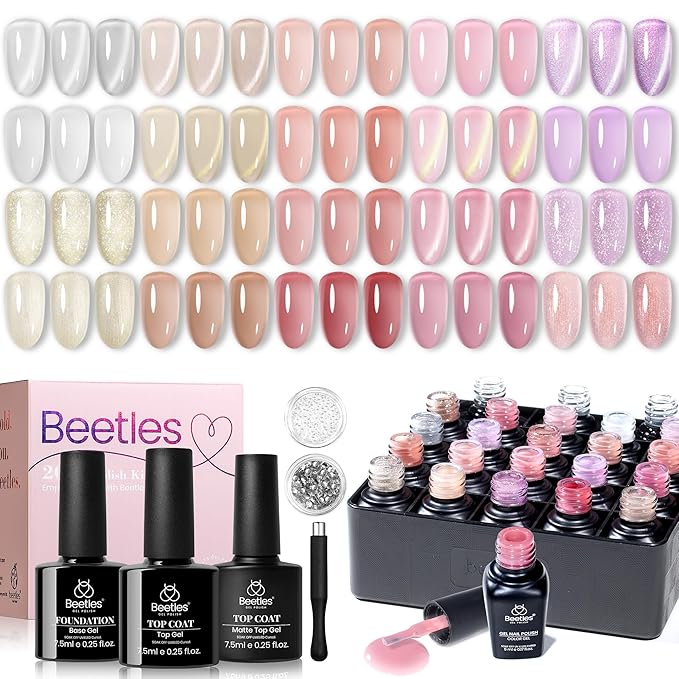 Beetles Nude Gel Polish Set, Glowy Grace 20 Colors Jelly Cat Eye Gel Nail Kit, Nude Pink Brown Purple Base Colors, Soak Off UV Glitter Fall Winter Trend Nails Charms Gift for Women