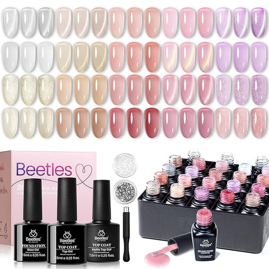Beetles Nude Gel Polish Set, Glowy Grace 20 Colors Jelly Cat Eye Gel Nail Kit, Nude Pink Brown Purple Base Colors, Soak Off UV Glitter Fall Winter Trend Nails Charms Gift for Women
