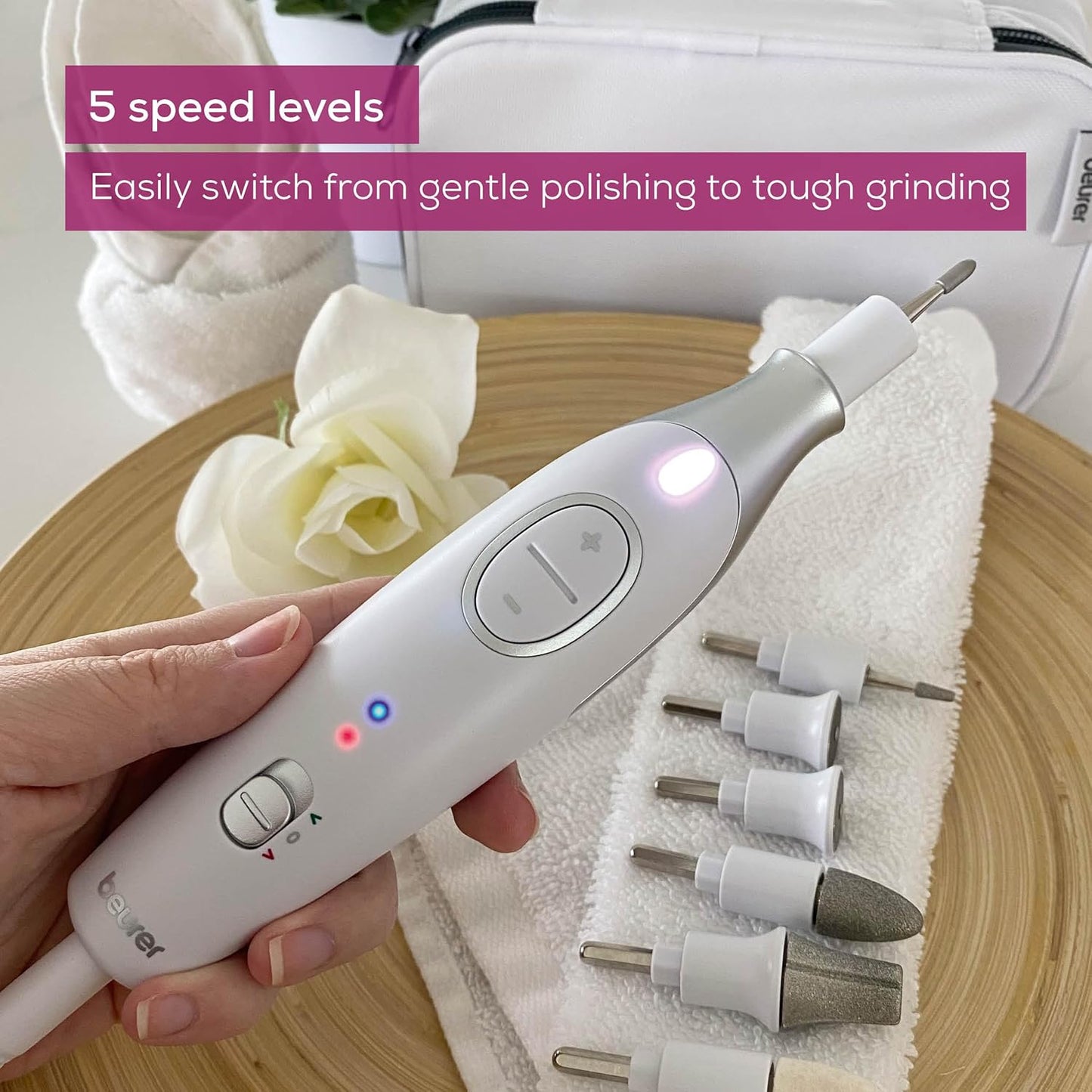 Beurer MP42 Nail Drill, 7-in-1 Nail Kit with Strong Sapphire Nail Drill Bits, Electric Nail File and Nail Buffer Includes Bright LED Light, Pedicure Kit and Manicure Set with Storage Case