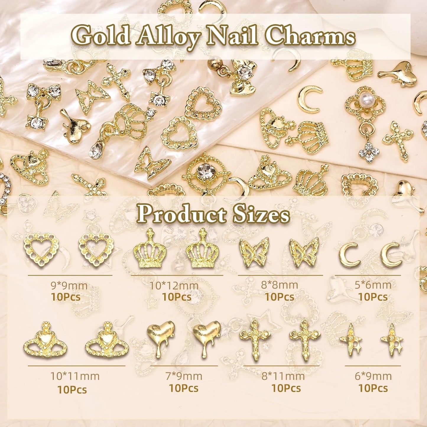 100 Pcs Gold Nail Charms and Gems, Gold Dangle Star Bows Nail Gems Charms, Metal Crown Heart Butterfly Charms for Acrylic Nail Art Alloy Cross Nail Charms for Women DIY Accessories