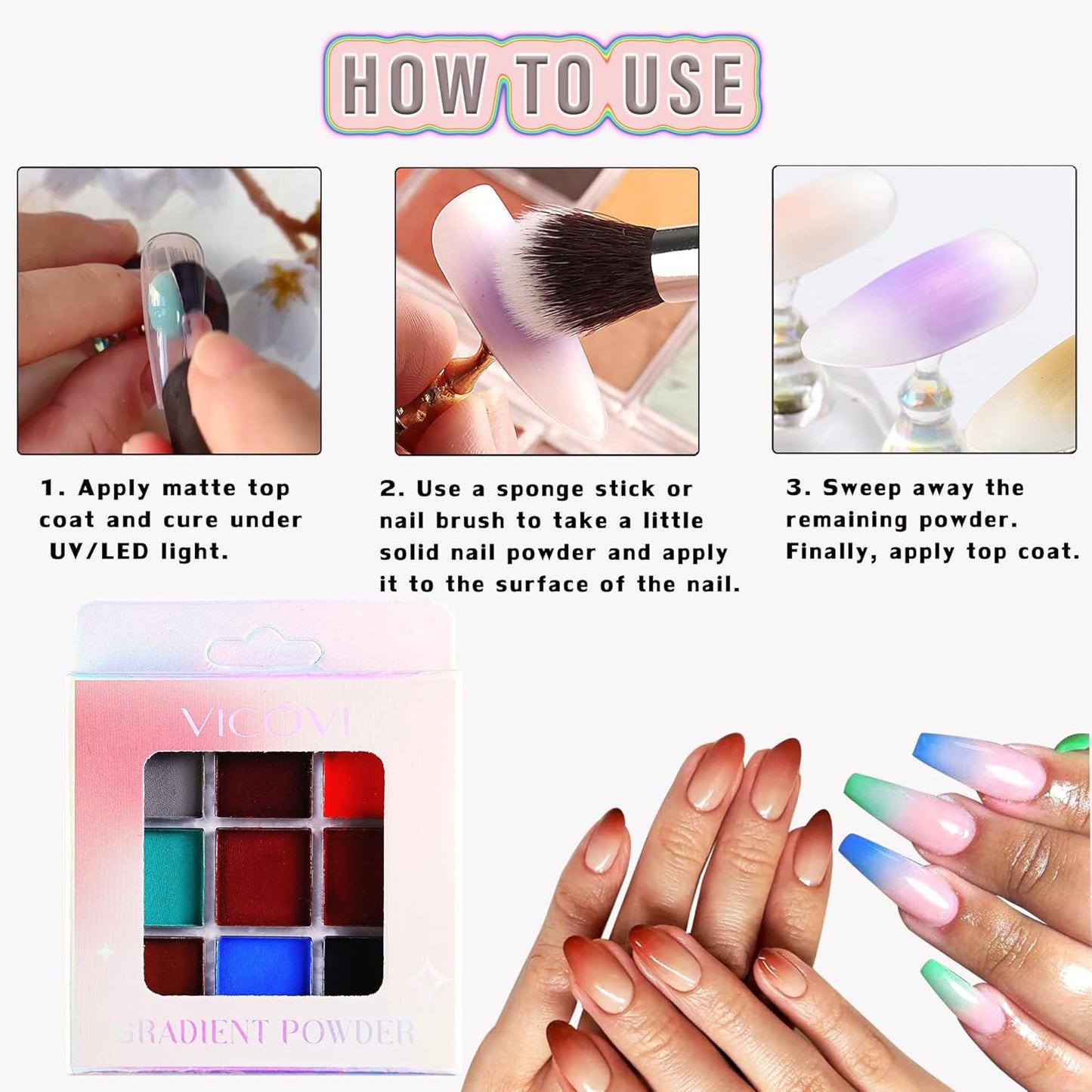 Nail Powder Pigment Palette - 9 Colors Ombre Gradient Nails - Ultra Fine Powder - Includes 5 Sponge Sticks, 1 Brush