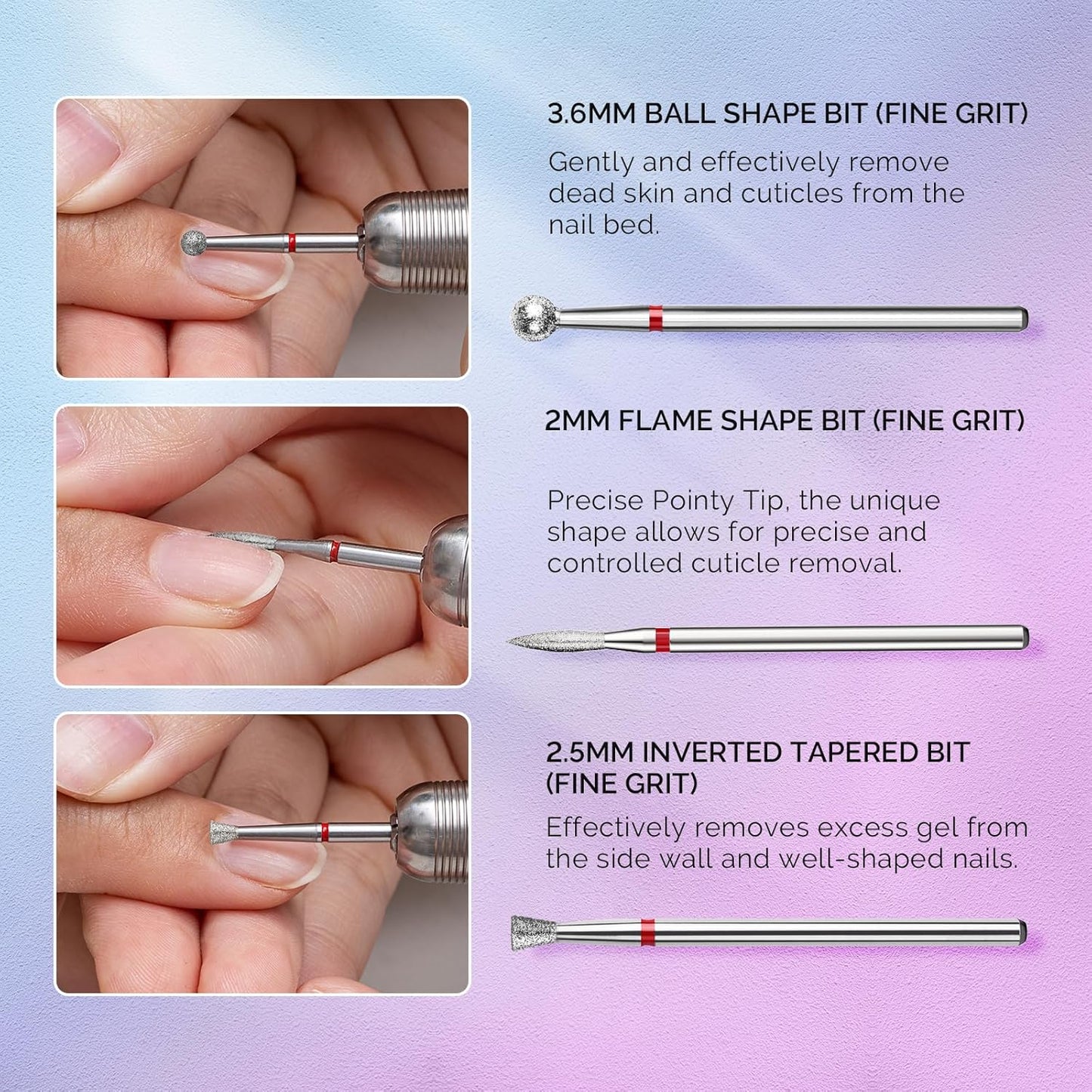 MelodySusie 3Pcs Cuticle Cleaner Nail Drill Bits Set, 3/32'' Safety Carbide Diamond Bits, Ball, Flame and Inverted Tapered Bits, Suitable for Cuticle Dead Skin Nail Prepare, Silver