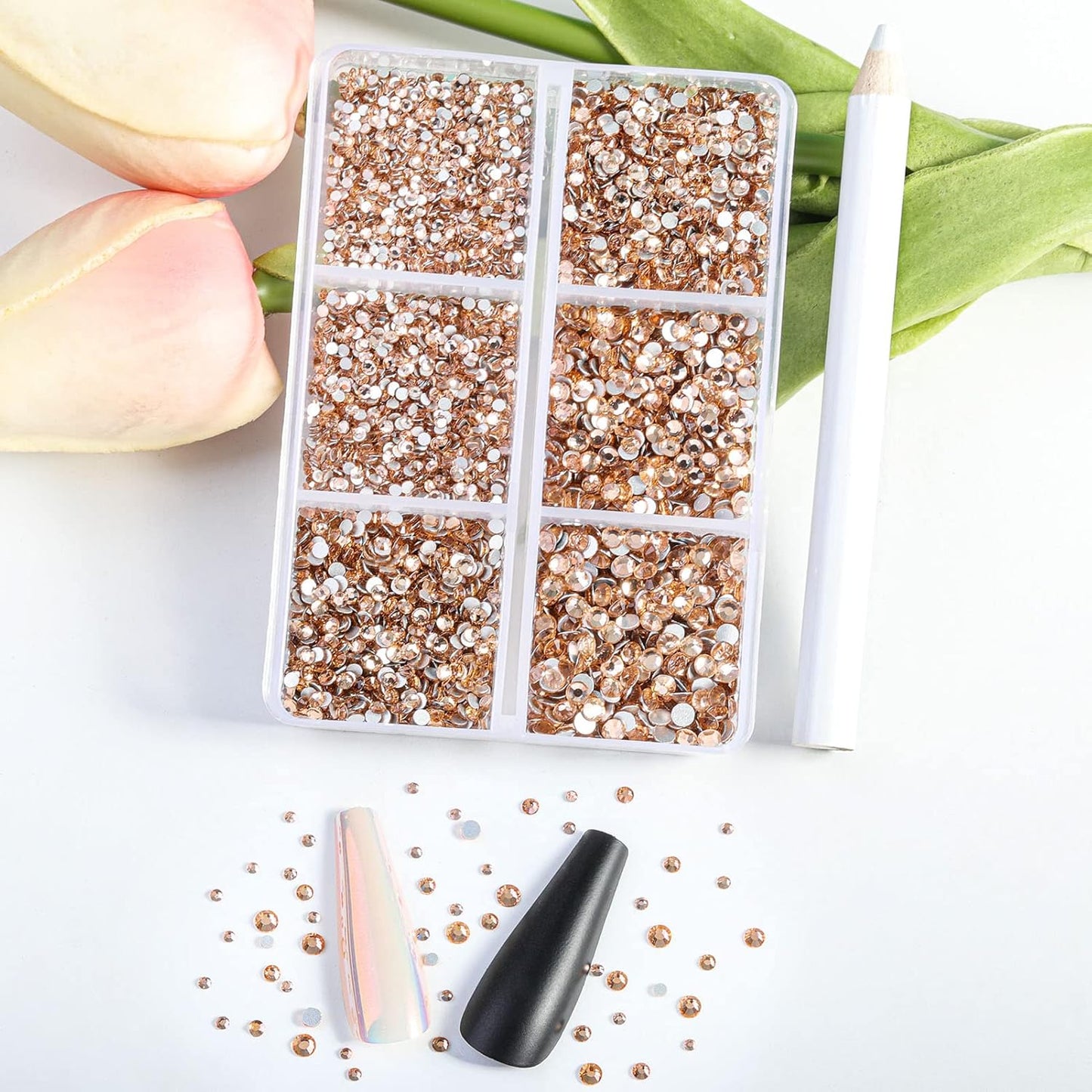 Beadsland 7200pcs Flatback Rhinestones,Champagne Rhinestone Nail Gems Round Crystal Rhinestones for Crafts,Mixed 6 Sizes with Wax Pencil Kit, SS3-SS10,Light Peach