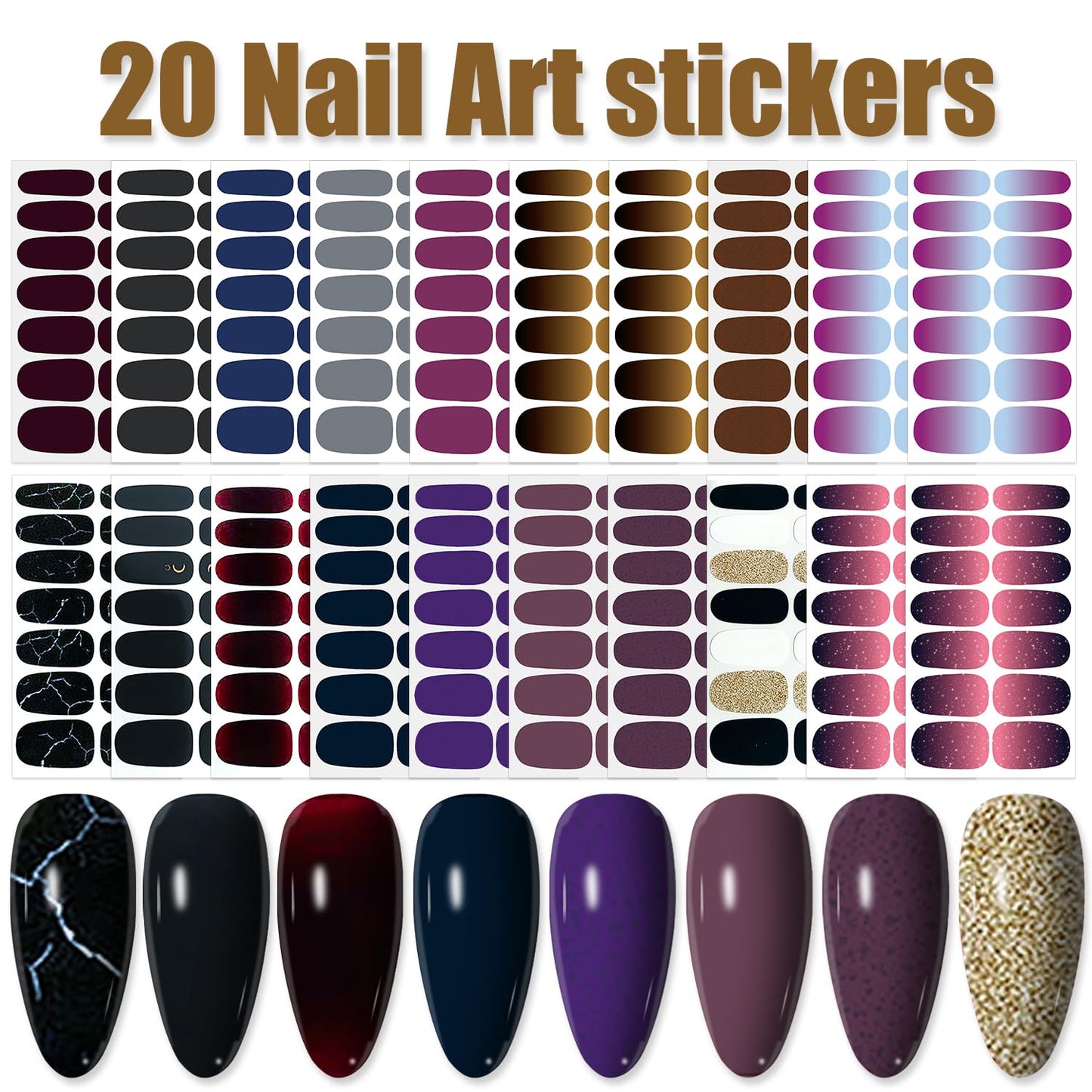 WOKOTO 20 Sheets Dark Color Nail Polish Strips for Women Girls Solid and Gradient Designs Nail Polish Stickers with Nail File Kit Black Blue Purple Stick On Nails Stickers Full Nail Wraps Strips
