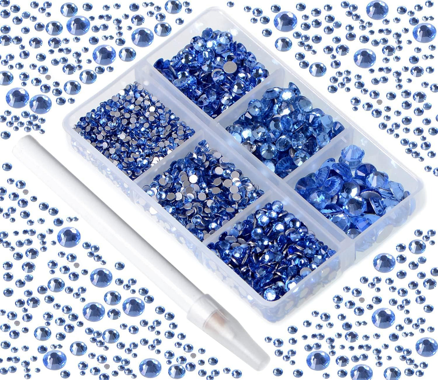 Bymitel 5000 Pieces 6 Mixed Sizes Glue Fix on Glass Rhinestones Round Crystal Gems Flatback for DIY Jewelry Making with one Picking Pen(6-Sizes 5000PCS, Lt. Sapphire)